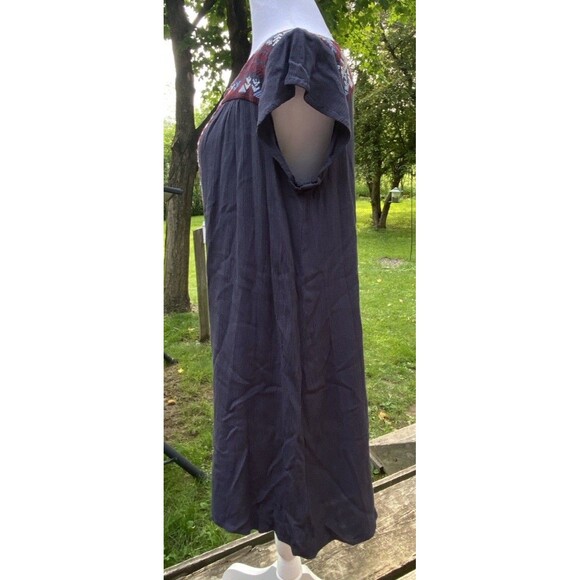 Boho Navy Blue Dress Embroidered Boho Sz Medium Peasant Hippie Short Sleeve Midi - Picture 5 of 16